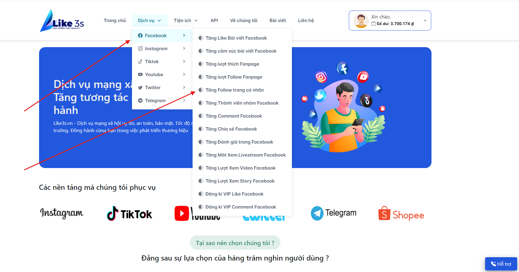 Chọn dịch vụ tăng follow trang cá nhân từ menu