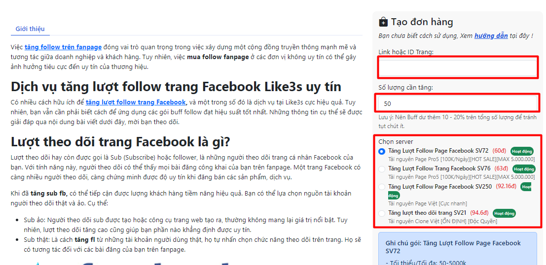 Bảng giá dịch vụ Facebook