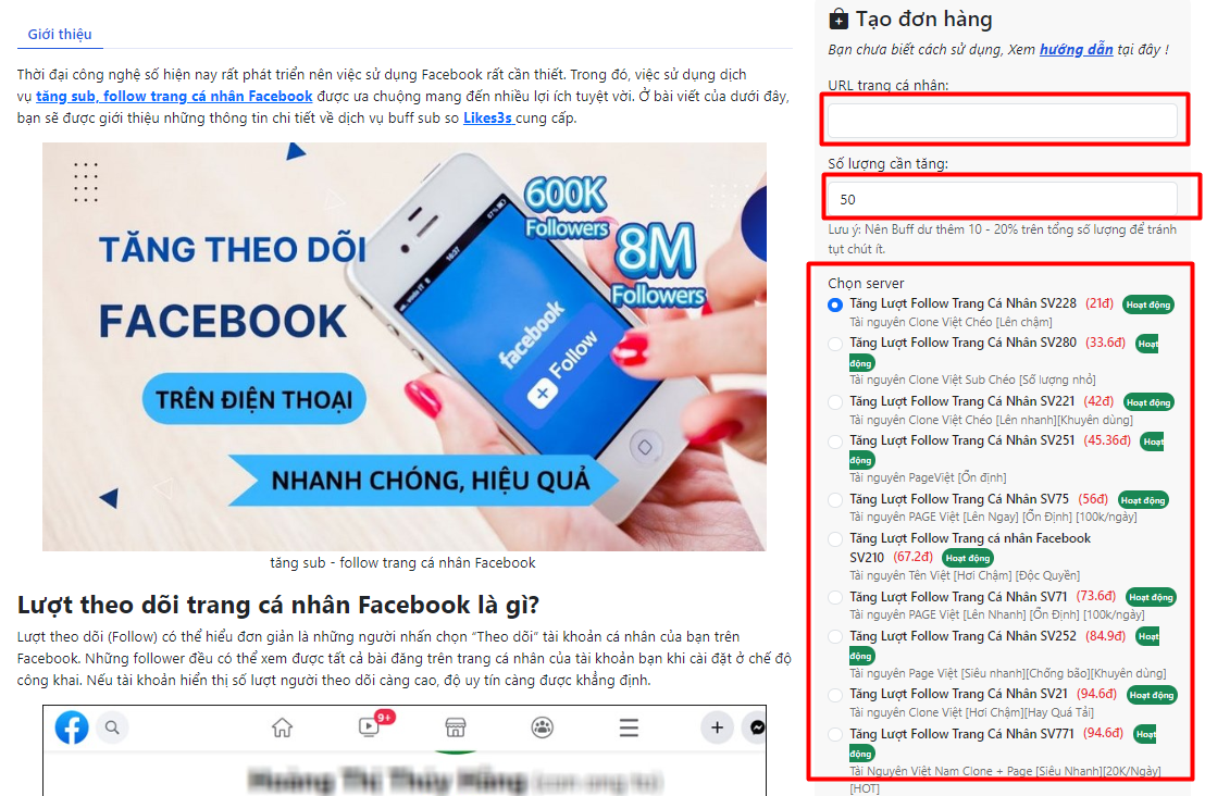 Bảng giá dịch vụ Facebook