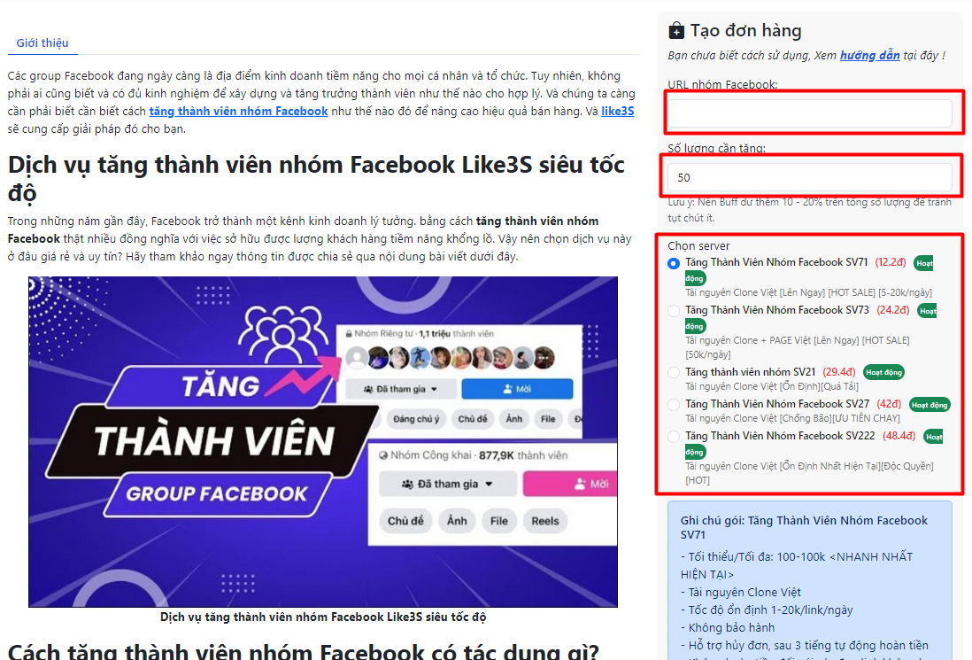 Bảng giá dịch vụ Facebook