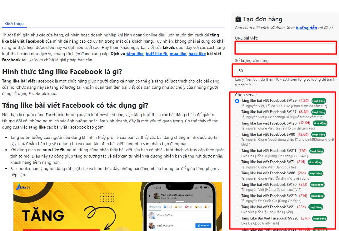 Bảng giá dịch vụ Facebook