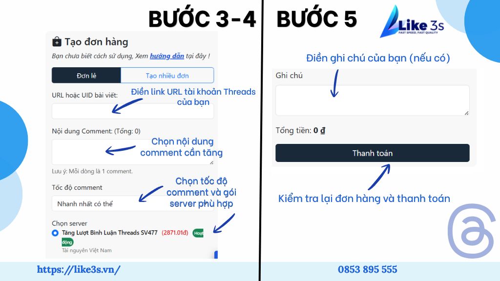 Các bước đăng ký dịch vụ tăng bình luận Threads