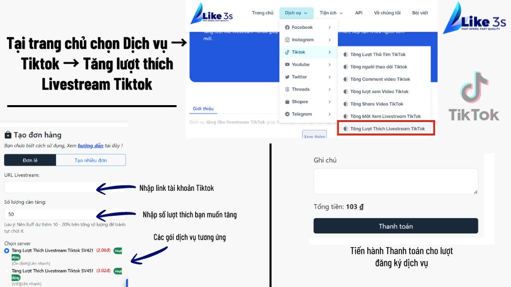 Hướng dẫn mua like livestream Tiktok tại trang web Like3s