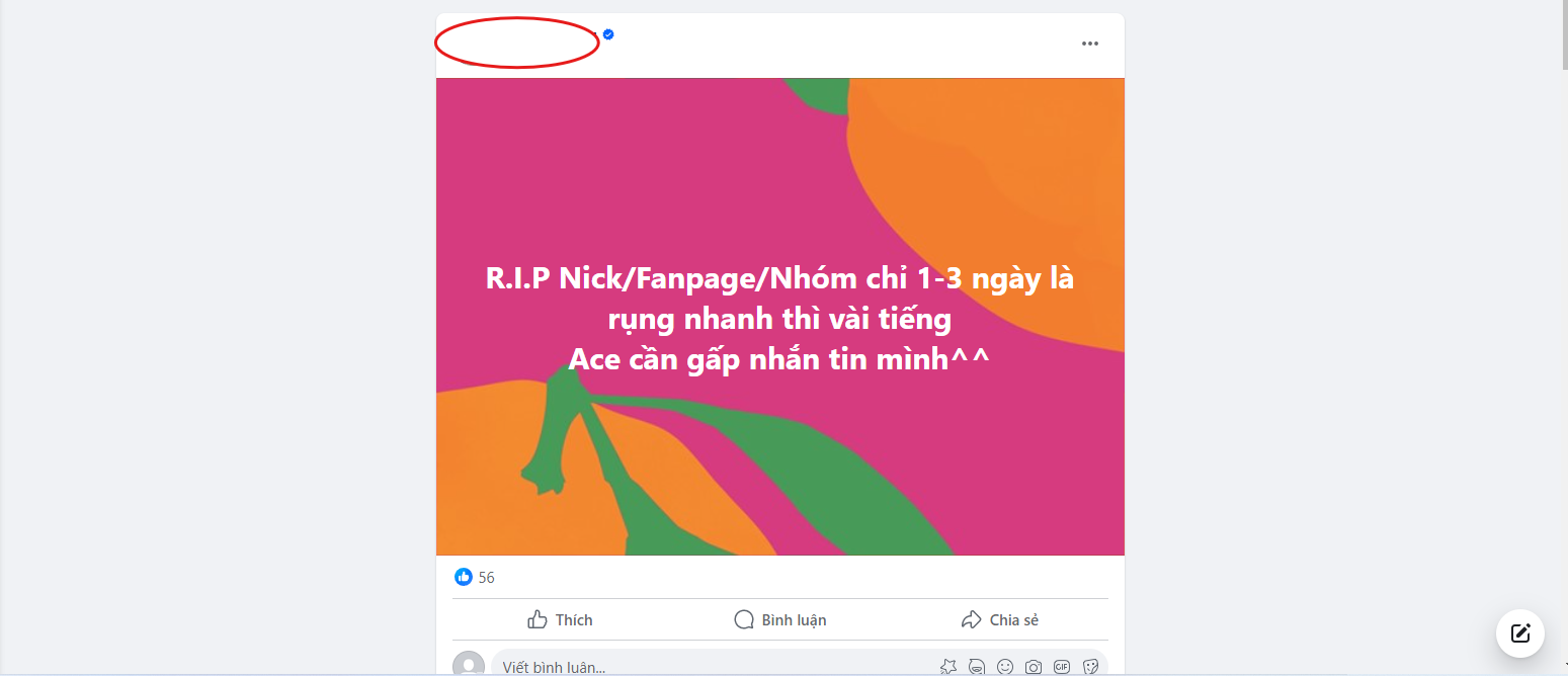 Một người dùng nhận dịch vụ RIP Nick Facebook, Fanpage, Nhóm