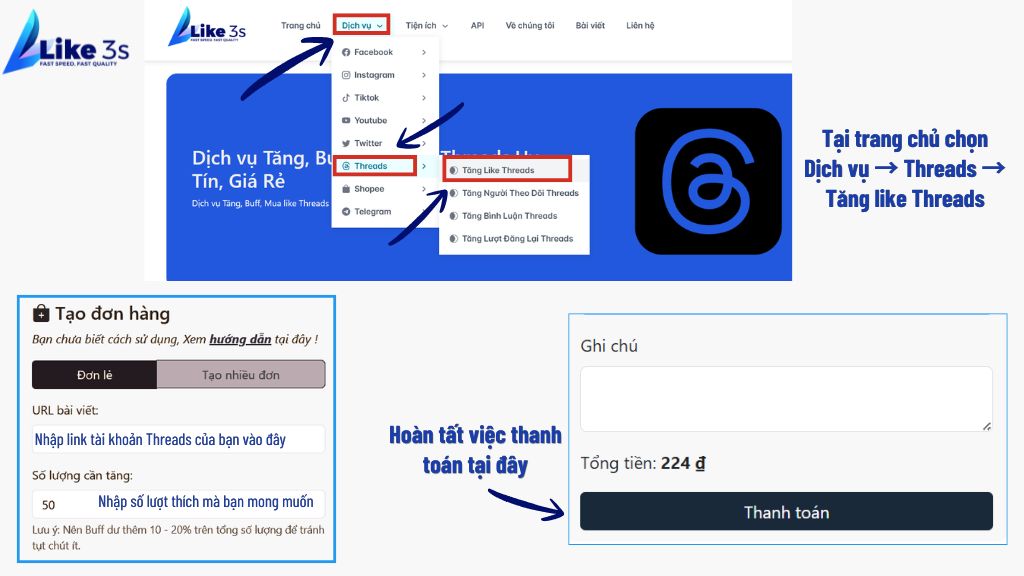 Quy trình đăng ký dịch vụ tăng like Threads tại Like3s