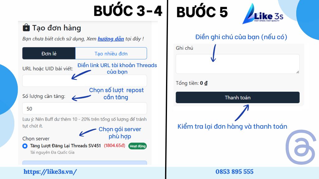 Quy trình sử dụng dịch vụ tăng chia sẻ threads tại Like3s