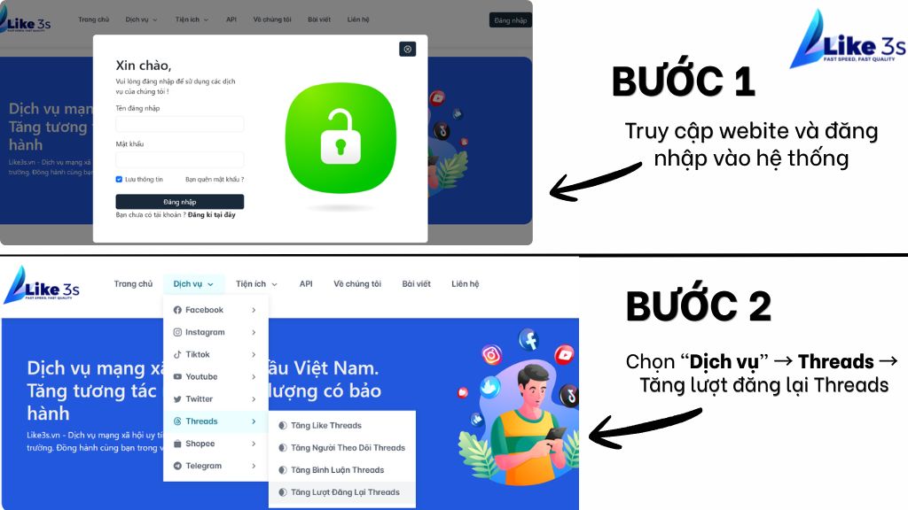 Quy trình sử dụng dịch vụ tăng chia sẻ threads tại Like3s