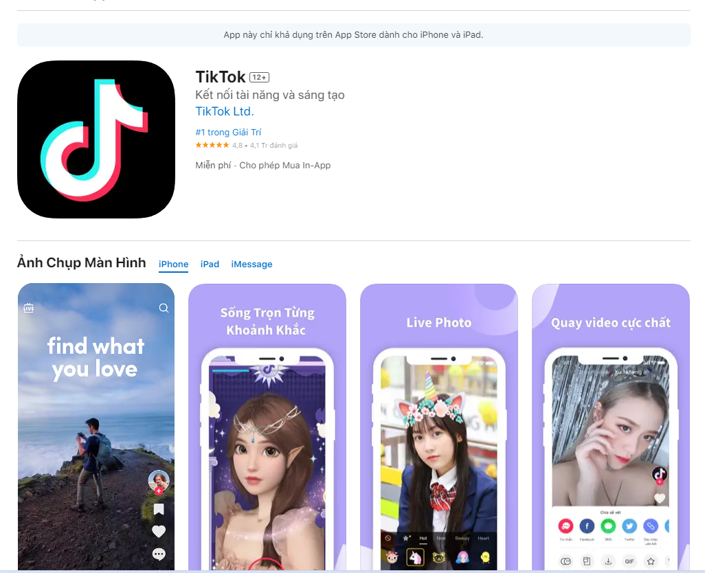 Tiktok là ứng dụng TOP 1 ở mục giải trí